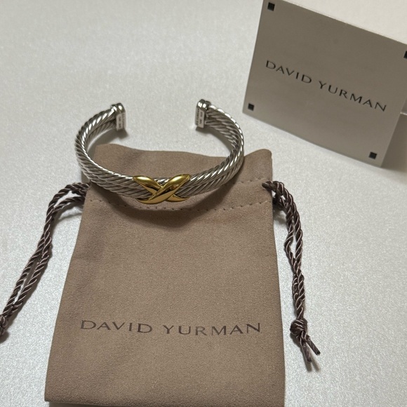 David Yurman 925 Sterling Silver W/14k yellow Gold X Double Cable Cuff Bracelet - Picture 1 of 17